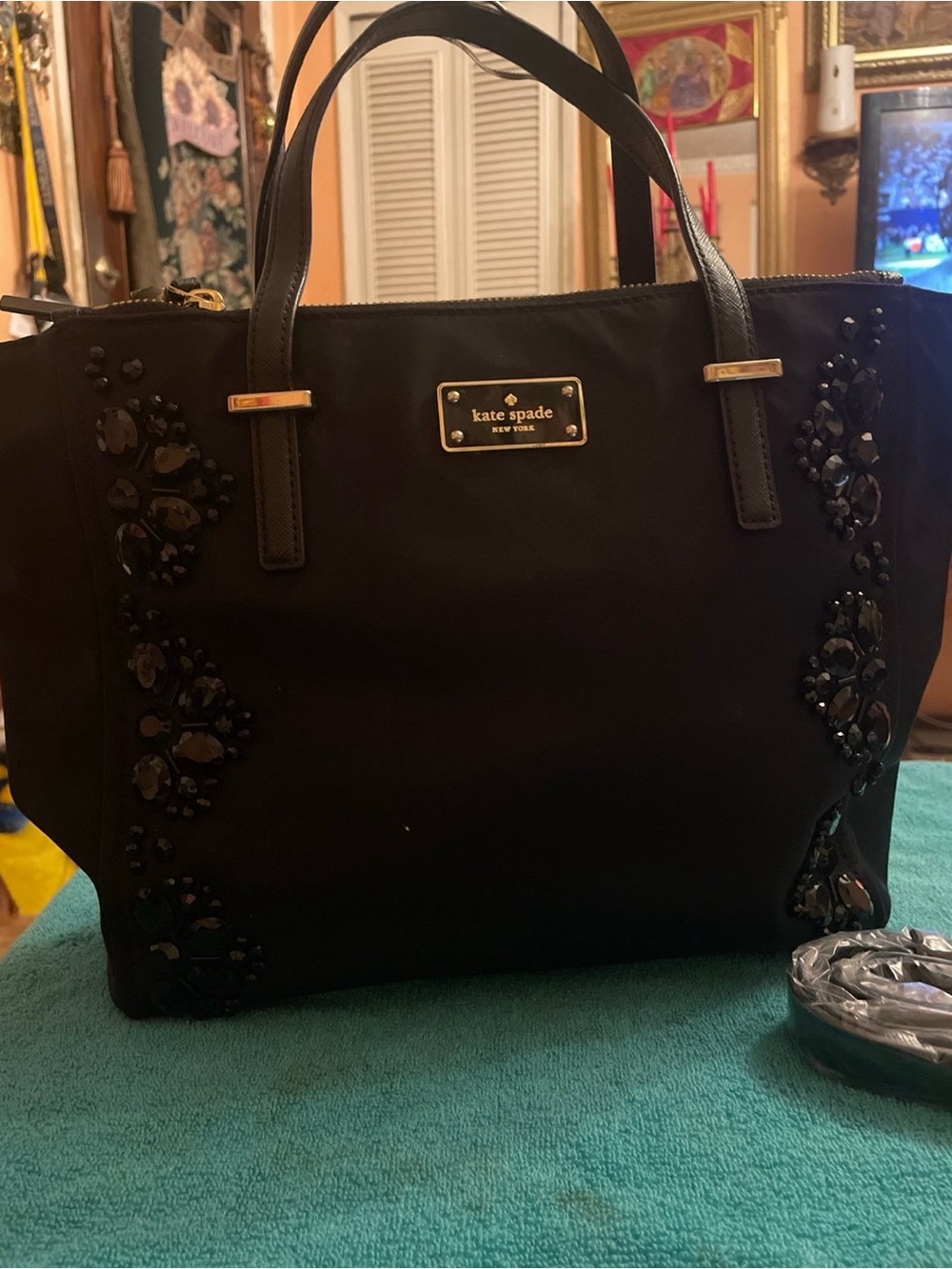 kate spade black jeweled tote bag